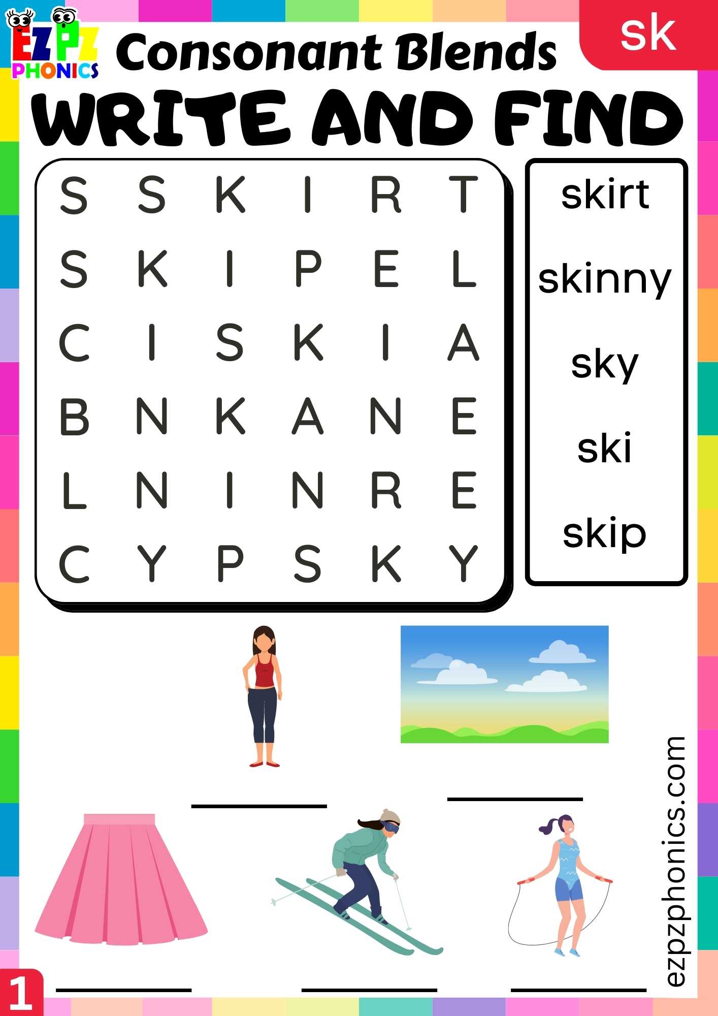 Group1 SK Words Write And Find Phonics Consonant Blends Worksheet
